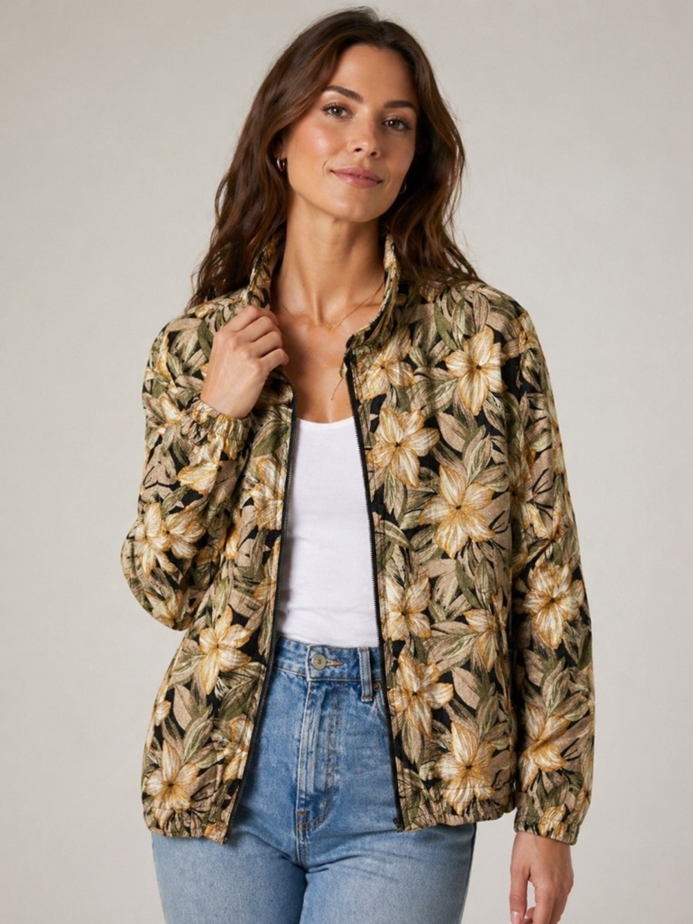 Vintage 90s Vital Zone 100% Silk Floral Jacket Zip Lightweight Size L